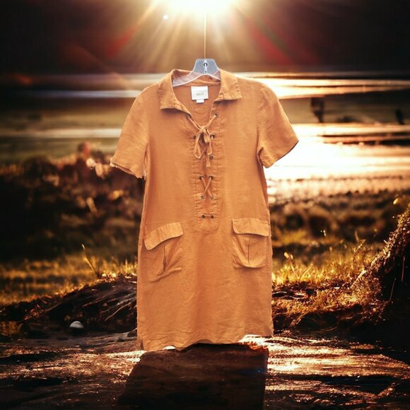Anthropologie Maeve Dress 100% Linen Lace Up Front Pockets Size 0 Fall - Picture 11 of 16